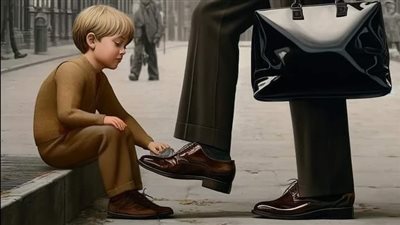 قال الرجل له بكل كبرياء امسح حذائي فقال الطفل امرك سيدي